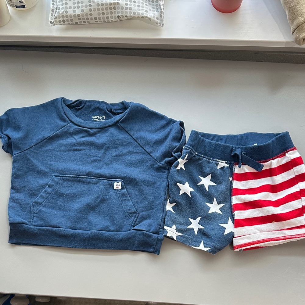 Carter's Navy Blue Crewneck Pullover and American Flag Short Set